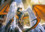 absurd_res ambiguous_gender diego_gisbert_llorens dragon feral hasbro hi_res horn looking_at_viewer low-angle_view magic:_the_gathering membrane_(anatomy) membranous_wings mythological_creature mythological_scalie mythology official_art orange_wings outside rock scalie sitting solo spread_wings tail water waterfall wings wizards_of_the_coast