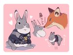  badge bag belt_pouch border bulletproof_vest bunny clothed_animal commentary_request disney fox green_eyes heart hopping ikuchi_osutega judy_hopps motion_lines multiple_views nick_wilde no_humans noses_touching pink_background police police_uniform pouch profile purple_eyes red_eyes rounded_corners slit_pupils uniform white_border zootopia 