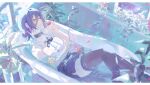  1girl absurdres bare_arms bare_shoulders black_choker black_hair black_ribbon black_shorts black_thighhighs breasts chainsaw_man choker collared_shirt commentary_request flower green_eyes hair_between_eyes hair_bun highres holding holding_flower in_bathtub indoors lying neck_ribbon partially_submerged plant red_flower reze_(chainsaw_man) ribbon shirt short_hair shorts single_hair_bun sleeveless sleeveless_shirt small_breasts solo thighhighs tokkieee_qian water white_shirt window 