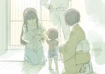  4girls baby barefoot belt black_hair brown_hair closed_eyes commentary cosmic_(crownclowncosmic) family girls_und_panzer hand_on_hip holding idegami_kikuyo indoors japanese_clothes kimono long_hair mother_and_daughter multiple_girls muted_color nishizumi_maho nishizumi_miho nishizumi_shiho nishizumi_tsuneo no_eyes obi outstretched_arms pants pants_rolled_up sash seiza short_hair siblings sisters sitting sketch smile translated younger yukata 