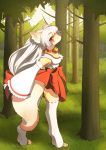  1girl forest fox furry japanese_clothes long_hair miko nature red_eyes solo unousaya white_hair 