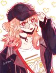  1girl :p arknights black_choker black_hat black_jacket blush bright_pupils brown_hair choker closed_mouth glasses gradient_hair haruka_(arknights) haruka_(casual)_(arknights) hat hat_tip heart heart_background highres jacket long_hair looking_at_viewer mask mouth_mask multicolored_hair official_alternate_costume open_clothes open_jacket peaked_cap pink_hair pixel_heart red_eyes round_eyewear sasark73_(namida) shirt single_sleeve_past_wrist smile solo t-shirt tongue tongue_out twitter_username upper_body watermark white_background white_pupils white_shirt 