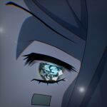  1boy aqua_eyes black_hair chromatic_aberration close-up commentary_request enmu_(kimetsu_no_yaiba) eye_focus facial_mark gem_eyes kimetsu_no_yaiba lens_flare looking_at_viewer male_focus no_sclera pale_skin solo symbol-shaped_pupils tears_facial_mark tuinte_becke266 