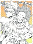  2boys arm_hug bakugou_katsuki boku_no_hero_academia bracelet commentary_request eyewear_on_head facing_viewer fingernails goggles goggles_on_head greyscale_with_colored_background grin hand_in_pocket highres jewelry kirishima_eijiro male_focus multiple_boys open_clothes open_shirt sharp_teeth short_hair smile spiked spiked_hair teeth translation_request tsukota 