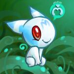 2005 ambiguous_gender anthro artist_logo blue_blush blush chibi domestic_cat felid feline felis glasswind grass_background logo low_res mammal myuri_(glasswind) plant red_eyes sitting solo symbol_on_head tattoo white_body