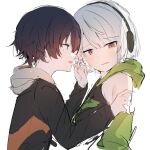  2girls absurdres anby_demara belle_(zenless_zone_zero) black_hair black_jacket blush green_jacket grey_hair hand_in_another's_hair hand_on_another's_arm headphones highres jacket katata multiple_girls open_mouth orange_eyes parted_lips short_hair simple_background smile white_background yuri zenless_zone_zero 