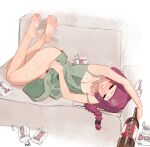  1girl absurdres alcohol_carton arm_up armpits bare_shoulders barefoot blunt_bangs blush bocchi_the_rock! bottle braid braided_ponytail breasts censored censored_feet closed_eyes commentary couch dress drink_carton drunk english_commentary fang feet feet_up female_pubic_hair full_body green_dress highres hiroi_kikuri holding holding_bottle l4wless legs long_hair lying no_panties on_couch open_mouth pubic_hair short_dress simple_background sleeping small_breasts soles solo strap_slip toes white_background 