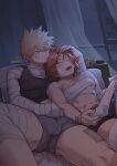 2boys bakugou_katsuki bandage_on_face bandaged_arm bandaged_chest bandaged_hand bandaged_leg bandages black_male_underwear black_tank_top boku_no_hero_academia bulge commentary_request covered_pectorals curtains grey_male_underwear hair_down highres indoors kirishima_eijiro looking_at_another male_focus male_underwear multiple_boys night nipples on_bed one_eye_closed pectorals scar scar_on_face scar_on_leg sharp_teeth sky spiked_hair star_(sky) tank_top teeth toned toned_male tsukota twitter_username underwear window yaoi 