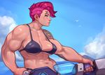  abs biceps bikini blue_sky breasts cloud cyancapsule day green_eyes gun large_breasts looking_at_viewer muscle muscular_female navel overwatch pink_hair scar sky solo stomach swimsuit tattoo weapon zarya_(overwatch) 