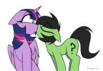 absurd_res anon blush duo earth_pony equid equine eyes_closed female feral friendship_is_magic hasbro hi_res horn horse kissing madragon mammal my_little_pony mythological_creature mythological_equine mythology pony question_mark simple_background twilight_sparkle_(mlp) winged_unicorn wings
