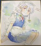  1girl apron blue_dress bow bowtie braid closed_mouth commentary_request dress green_bow grey_hair hair_bow highres hijiki_(hijiri_st) izayoi_sakuya long_hair looking_at_viewer maid maid_headdress photo_(medium) puffy_short_sleeves puffy_sleeves red_bow red_bowtie red_eyes shikishi short_sleeves smile solo touhou traditional_media twin_braids waist_apron white_apron wrist_cuffs 