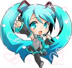  2016 aqua_eyes aqua_hair artist_name boots chibi dated detached_sleeves full_body hair_ornament hatsune_miku headset heart knee_boots long_hair makokb miniskirt necktie open_mouth pleated_skirt skirt smile solo transparent_background twintails very_long_hair vocaloid wide_sleeves 