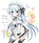  1girl absurdres alternate_costume bad_id bad_pixiv_id bare_shoulders black_hair blush commentary_request detached_collar enmaided grey_eyes grey_hair hibiki_(kancolle) highres hizuki_yayoi kantai_collection long_hair looking_at_viewer maid maid_day maid_headdress skirt skirt_tug solo thighhighs translated tray twitter_username wrist_cuffs 