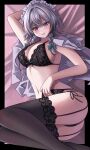  1girl absurdres black_bra black_panties black_thighhighs blue_eyes blush bra braid breasts cleavage commentary_request feet_out_of_frame garter_belt happy_ginko highres izayoi_sakuya lace lace_bra large_breasts lying maid_headdress on_back open_clothes open_shirt panties parted_lips shirt short_hair side_braids smile solo thighhighs touhou underwear white_shirt 
