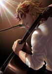  1boy black_pants blonde_hair bow_(music) cello closed_eyes collared_shirt contemporary forked_eyebrows from_side hashimoto_(yanagi-momo) holding holding_bow_(music) holding_instrument instrument kimetsu_no_yaiba long_sleeves male_focus medium_hair multicolored_hair music open_mouth pants playing_instrument profile red_hair rengoku_kyoujurou shirt singing sleeves_rolled_up smile solo spotlight streaked_hair sweat teeth two-tone_hair upper_body white_shirt 