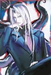  1boy 3_3lecho absurdres alternate_costume black_jacket black_shirt commentary final_fantasy final_fantasy_vii green_eyes hand_on_lap hand_on_own_head hand_up highres jacket light_smile limited_palette long_hair looking_at_viewer male_focus sephiroth shirt sitting slit_pupils solo suit_jacket symbol-only_commentary tentacles turtleneck turtleneck_shirt upper_body 