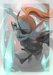  armor eye_patch eyewear hair meammy melee_weapon polearm ponytail red_hair spear undertale undyne video_games watermark weapon 