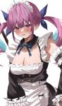  1girl absurdres ahoge apron black_dress blue_bow blue_streaks blush bow breasts cleavage commentary_request dress hair_bow highres hololive looking_at_viewer maid maid_apron maid_headdress medium_breasts minato_aqua multicolored_hair nekoshima_kaede open_mouth pink_hair purple_eyes solo streaked_hair twintails virtual_youtuber white_apron 