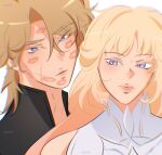  1boy 1girl blonde_hair blue_eyes commentary dress english_commentary genshin_impact hetero kiss lipstick_mark long_hair nicole_reeyn parted_bangs parted_lips sagusart short_hair standing varka_(genshin_impact) white_dress 