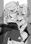  2boys aether_(genshin_impact) armor blush border braid cape closed_mouth collarbone commentary_request dashi_oeuf earrings feather_hair_ornament feathers fingernails from_behind genshin_impact greyscale hair_between_eyes hair_ornament half-closed_eyes hand_on_another's_face hand_on_another's_neck hand_on_another's_shoulder hands_up highres jewelry kaveh_(genshin_impact) long_hair long_sleeves looking_at_viewer looking_back low-braided_long_hair low-tied_long_hair male_focus medium_hair monochrome multiple_boys open_mouth puffy_long_sleeves puffy_sleeves scarf shirt short_sleeves shoulder_armor simple_background single_braid single_earring sweat tassel upper_body yaoi 