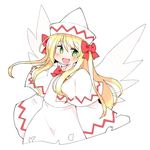  :d blonde_hair bow bowtie capelet cropped_legs dress green_eyes hair_bow hat ini_(inunabe00) lily_white long_hair looking_at_viewer open_mouth red_bow red_neckwear simple_background smile solo touhou white_background white_dress white_hat wide_sleeves wings 