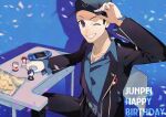  1boy baseball_cap belt birthday black_hair black_jacket black_pants blue_background blue_shirt chair character_charm character_name charm_(object) collarbone collared_shirt commentary_request desk drop_shadow falling_petals gekkoukan_high_school_uniform grin handheld_game_console happy_birthday hat hat_tip iori_junpei jacket jewelry long_sleeves looking_at_viewer necklace on_chair one_eye_closed open_clothes open_jacket otoseto pants persona persona_3 petals playstation_portable school_desk school_uniform shirt sitting smile takeba_yukari wing_collar yoshino_chidori yuuki_makoto_(persona_3) 