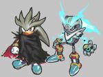  1boy absurdres android animal_ears animal_nose black_cape bracelet bryce_carrington cape commentary english_commentary full_body furry furry_male gloves gold_bracelet grey_fur hedgehog_boy highres humanoid_robot jewelry joints looking_at_viewer mecha mecha_focus mechanical_hair mechanization metal_hair metal_skin no_humans non-humanoid_robot robot robot_animal robot_joints science_fiction silver_the_hedgehog sonic_(series) white_eyes white_gloves yellow_eyes 