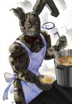  ... 1boy animal_ears animatronic apron bow bowl cooking cooking_pot eva0951120 five_nights_at_freddy's five_nights_at_freddy's_3 food hashtag-only_commentary highres holding holding_bowl holding_ladle ladle rabbit_ears red_pupils springtrap stew stove white_apron white_background white_bow 