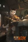  2:3 absurd_res akinji_entertainment anthro apron brown_body brown_fur cataclysm_(akinji_entertainment) chair clothing detailed_background digital_media_(artwork) domestic_cat felid feline felis fur furniture gloves handwear hat headgear headwear hi_res inside looking_down male mammal official_art pipe_in_mouth prosthetic prosthetic_arm prosthetic_leg prosthetic_limb repair rio_sabda schematic sitting solo tail workshop 