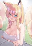  1girl animal_ear_fluff animal_ears arms_under_breasts bathing blonde_hair blue_eyes blush breasts cleavage collarbone commentary commission english_commentary fang fox_ears fox_girl highres large_breasts long_hair maru.selinn multiple_tails naked_towel open_mouth original skin_fang solo tail towel twitter_username 