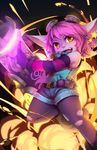  arm_warmers bare_shoulders belt blush cannon denim denim_shorts earrings explosion fang fingerless_gloves gloves goggles goggles_on_head highres jewelry league_of_legends looking_at_viewer pantyhose pink_hair pointy_ears purple_skin ricegnat riot_girl_tristana shorts solo star star_earrings torn_clothes torn_legwear tristana yellow_eyes yordle 