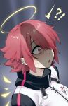  !? 1girl ^^^ arknights chinese_commentary commentary_request constricted_pupils detached_wings exusiai_(arknights) hair_over_one_eye halo highres ikamochi_kalong jacket one_eye_covered open_mouth penis_shadow pink_hair portrait red_eyes scared short_hair sweatdrop traditional_halo white_jacket wings yellow_halo 