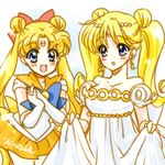  aino_minako artist_name beads bishoujo_senshi_sailor_moon blonde_hair blue_eyes breasts choker cleavage cosplay costume_switch crescent double_bun dress earrings elbow_gloves facial_mark forehead_mark gloves hair_beads hair_ornament hair_ribbon hands_together jewelry long_hair lowres medium_breasts miniskirt multiple_girls open_mouth orange_choker orange_sailor_collar pleated_skirt princess_serenity princess_serenity_(cosplay) ribbon sailor_collar sailor_senshi_uniform sailor_venus sailor_venus_(cosplay) shirataki_kaiseki signature skirt skirt_hold smile strapless strapless_dress tsukino_usagi twintails very_long_hair white_dress white_gloves 