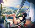  bakemonogatari barefoot black_hair blonde_hair book building cherry_blossoms city clouds hanamonogatari huykho192 kanbaru_suruga monogatari_(series) realistic red_eyes scenic short_hair 