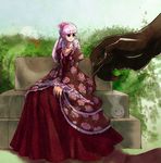  alternate_costume black_eyes dress drill_hair eyelashes floral_print flower ghost giant hair_flower hair_ornament jewelry long_dress long_hair looking_to_the_side necklace one_piece perona pink_hair quad_drills red_dress sitting smile solo_focus yangpuppy 