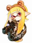  1girl animal_ear_hairband animal_ears bear_ear_hairband bear_ears black_jacket blonde_hair blunt_bangs blush brown_hairband closed_mouth cropped_torso fake_animal_ears hairband hands_up inkling inkling_girl inkling_player_character jacket kodak_painter long_hair long_sleeves looking_at_viewer pointy_ears red_eyes simple_background sleeves_past_wrists solo splatoon_(series) tentacle_hair thick_eyebrows white_background 