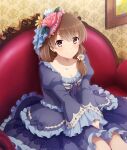  1girl between_legs blue_flower blush breasts brown_hair cleavage closed_mouth collarbone couch daisy_(flower) dot_nose double-parted_bangs dress eyes_visible_through_hair feet_out_of_frame flower frilled_dress frilled_skirt frills game_cg hair_flower hair_ornament hand_between_legs hands_on_lap hat hat_flower indoors layered_skirt long_sleeves looking_at_viewer low_side_ponytail medium_breasts medium_hair mizushina_kinuka official_art on_couch picture_frame pink_eyes pink_flower pink_hat pink_rose purple_dress purple_skirt rose sitting skirt solo third-party_source tilted_headwear toji_no_miko toji_no_miko:_kizamishi_issen_no_tomoshibi victorian wallpaper_(object) white_flower yellow_flower 