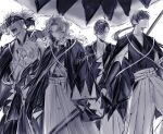  5boys arm_guards commentary_request fate/grand_order fate_(series) greyscale hair_pulled_back hakama haori haori_on_shoulders harada_sanosuke_(fate) harada_sanosuke_(teal_haori_and_hakama)_(fate) holding holding_polearm holding_sword holding_weapon japanese_clothes kimono kishusoul low_ponytail monochrome multiple_boys nagakura_shinpachi_(fate) nagakura_shinpachi_(third_ascension)_(fate) polearm ponytail saitou_hajime_(fate) saitou_hajime_(third_ascension)_(fate) scar scar_on_arm scar_on_face scar_on_forehead shinsengumi_(fate) short_ponytail sleeveless sleeveless_kimono spiked_headband sword tasuki toudou_heisuke_(fate) toudou_heisuke_(third_ascension)_(fate) twitter_username unsheathed unworn_headband wavy_hair weapon yamanami_keisuke_(fate) yamanami_keisuke_(third_ascension)_(fate) 