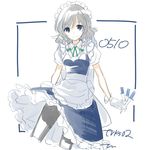  apron bad_id bad_twitter_id blue_eyes braid gloves izayoi_sakuya knife looking_at_viewer maid_apron maid_headdress short_hair silver_hair sketch smile solo tori_(otori) touhou twin_braids twitter_username white_background 