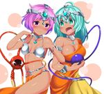  :d alternate_costume alternate_skin_color armlet bare_shoulders blush breasts choker cleavage collarbone commentary_request cosplay cowboy_shot dancer dark_skin dragon_quest dragon_quest_iv eyeball green_eyes green_hair groin headgear heart highres hitotsuki_nebura indian_clothes komeiji_koishi komeiji_satori large_breasts locked_arms looking_at_another looking_down manya manya_(cosplay) minea minea_(cosplay) multiple_girls navel nose_blush open_mouth pelvic_curtain purple_eyes purple_hair revealing_clothes siblings sisters small_breasts smile thighs third_eye touhou 