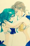  bishoujo_senshi_sailor_moon blue_choker blue_eyes blue_sailor_collar bra breasts brown_hair choker clenched_teeth from_side green_eyes green_hair groin hana_(haruharu-michimichi83) kaiou_michiru medium_breasts mouth_hold multiple_girls outer_senshi sailor_collar sailor_moon_narikiri_bra_set sailor_neptune sailor_senshi sailor_senshi_uniform sailor_uranus short_hair skirt teeth ten'ou_haruka underwear untying upper_body very_short_hair yuri 