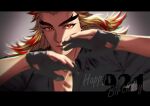  1boy black_gloves black_shirt blonde_hair blurry character_name closed_mouth collarbone collared_shirt commentary_request contemporary dated dress_shirt english_text forked_eyebrows gloves hands_up happy_birthday hashimoto_(yanagi-momo) kimetsu_no_yaiba letterboxed long_hair looking_at_viewer male_focus multicolored_eyes multicolored_hair open_collar orange_eyes partially_fingerless_gloves partially_unbuttoned pectoral_cleavage pectorals red_eyes red_hair rengoku_kyoujurou shirt solo streaked_hair thick_eyebrows two-tone_hair upper_body 