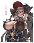  :q arms_up bangs bare_shoulders blush border breasts covered_nipples detached_sleeves granblue_fantasy hat huge_breasts kosuke_orz long_hair magisa_(granblue_fantasy) parted_bangs puffy_nipples red_eyes silver_hair simple_background smile solo tongue tongue_out white_background white_border witch_hat 