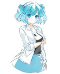  bad_id bad_twitter_id blouse blue_eyes blue_hair blush_stickers breasts contemporary hair_bobbles hair_ornament jacket kawashiro_nitori looking_at_viewer medium_breasts short_hair sketch skirt solo tori_(otori) touhou twitter_username two_side_up upper_body white_background 