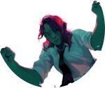  1girl angela_he black_eyes black_necktie circle clenched_hand collared_shirt colored_skin green_skin highres looking_at_viewer messy_hair narrowed_eyes necktie non-web_source official_art parted_lips purple_hair red_pupils shirt short_hair sleeves_rolled_up solo stop_burying_me_alive_beautiful! transparent_background white_shirt 