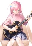  1girl blue_eyes bocchi_the_rock! box cardboard_box commentary_request cube_hair_ornament gotoh_hitori guitar gym_uniform hair_between_eyes hair_ornament highres in_box in_container instrument jacket looking_at_viewer pink_hair pink_track_suit rusi sitting skirt smile solo straight_hair track_jacket track_suit white_background 