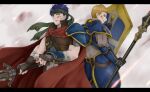  2boys aplche armor back-to-back blonde_hair blood blood_on_face blue_armor blue_eyes blue_hair cape commentary_request fire_emblem fire_emblem:_radiant_dawn gatrie_(fire_emblem) green_headband headband highres holding holding_polearm holding_shield holding_sword holding_weapon ike_(fire_emblem) letterboxed male_focus multiple_boys pauldrons polearm red_cape shield short_hair shoulder_armor single_pauldron sword weapon 