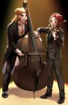  2boys :d alternate_costume black_coat black_jacket black_pants black_shoes black_suit blonde_hair bow_(music) brown_vest cello checkered_necktie coat collared_shirt colored_tips commentary_request contemporary dress_shirt earrings forked_eyebrows formal_clothes full_body green_necktie hair_slicked_back hanafuda_earrings hashimoto_(yanagi-momo) highres holding holding_bow_(music) holding_instrument holding_violin instrument jacket jewelry kamado_tanjirou kimetsu_no_yaiba light_particles long_hair long_sleeves looking_at_another looking_at_viewer male_focus multicolored_hair multicolored_necktie multiple_boys music necktie open_mouth orange_necktie pants playing_instrument red_eyes red_hair red_necktie rengoku_kyoujurou scar scar_on_face scar_on_forehead shirt shoes short_hair smile standing streaked_hair striped_clothes striped_necktie suit two-tone_hair vest violin white_shirt wing_collar yaoi yellow_eyes 