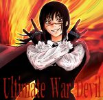  1girl \n/ black_hair cape chainsaw_man commentary cross_scar double_\n/ dress english_commentary fourth_east_high_school_uniform grin highres isuke_(isuke_now) pinafore_dress ponytail red_cape red_eyes ringed_eyes scar school_uniform sleeveless sleeveless_dress smile solo upper_body x_arms yoru_(chainsaw_man) 