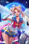  angel_wings artist_name bent_over bishoujo_senshi_sailor_moon blonde_hair blue_eyes blue_sailor_collar brooch choker chromatic_aberration collarbone covered_navel crescent double_bun elbow_gloves facial_mark feathers forehead_mark gloves hair_ornament heart heart_choker highres jewelry long_hair looking_at_viewer miniskirt motion_blur multicolored multicolored_clothes multicolored_skirt olga_narhova pleated_skirt ribbon sailor_collar sailor_moon sailor_senshi_uniform shiny skirt sky smile solo star_(sky) starry_sky super_sailor_moon tsukino_usagi twintails v very_long_hair watermark web_address white_gloves wings yellow_choker 